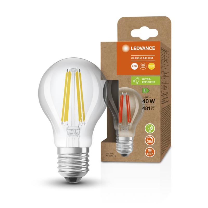 Ledvance E27 Sehr effiziente dimmbare LED Lampe Classic klar 2,6W wie 40W 2700K warmweißes Licht